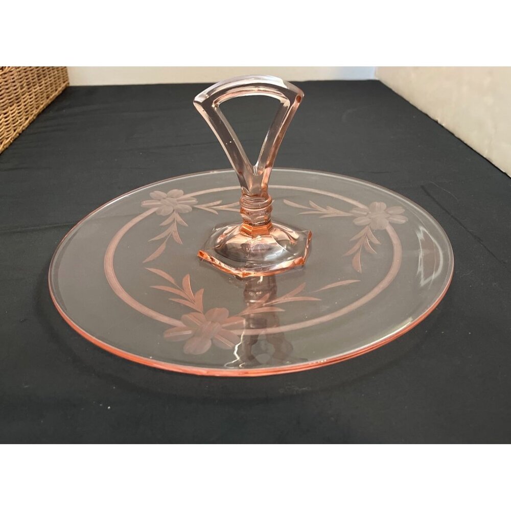 Depression Era Pink Glass Etched Design Center Handle Serving Tray/Dish 11”